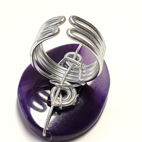 Purple Agate Ring Adjustable Band Handmade Semi Precious Ring - Picture 3 of 7